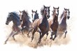 A herd of horses running fast, on a white background