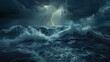 Dramatic ocean thunderstorm with turbulent waves, lightning, dark clouds, and dramatic lighting