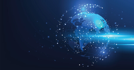 Poster - Global network technology background.World image on dark blue background.Communication technology for business.Futuristic globalization modern.3D vector illustration.	