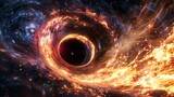 Fiery black hole swallowing stellar material - A vibrant depiction of a black hole engulfing matter from a nearby star with intense fiery details