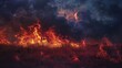 Mystical wildfire in a moonlit field landscape - An artistic representation of a wildfire, with dramatic flames engulfing the field under a moonlit sky filled with stars