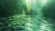 Mystical underwater view with light rays - An enchanting underwater scene with a greenish hue and light rays giving it a surreal, otherworldly appearance