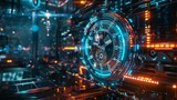Fototapeta Nowy Jork - Advanced time concept in cyber technology style - An intricate cyber concept image featuring a clock interface amidst digital surroundings, suggesting advanced time management