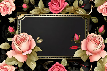 Wall Mural - rose frame on black.   valentine, flowers, roses, wedding, vector, design, leaf, day, gift, nature, holiday, decoration,Ai generated 