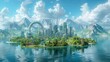 A beautiful 3d render of a modern city with skyscrapers on an island, with a mountains in the background. Generative AI.