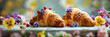 Croissant in the sunshine with flowers. Croissant with violets on a board