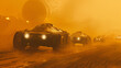 © shumail - A convoy of futuristic vehicles navigating through a swirling sandstorm, their headlights barely piercing the dense haze-5
