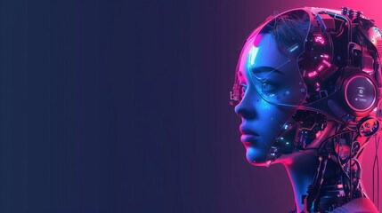 Poster - Using machine learning technology concept to train neural networks. Cyborg girl with electronic brain. Science fiction cybernetic robot with AI.