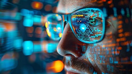 a programmer wearing glasses focuses on coding on their computer, utilizing digital technology for c