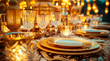 Festive table setting with golden crockery and lanterns. Concept of Ramadan celebration, Eid feast, luxury dining