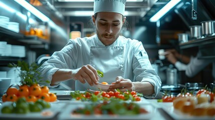 Wall Mural - A 3D animated chef preparing a revolutionary new food product in a futuristic kitchen, showcasing the item's versatility and taste. Generative AI.