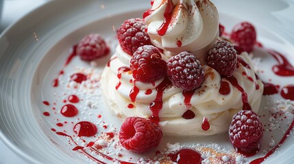 Wall Mural - Ice cream dessert, cream, raspberries, luxurious restaurant. top view. Generative AI.