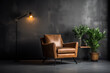 Style loft interior with leather armchair on dark cement wall
