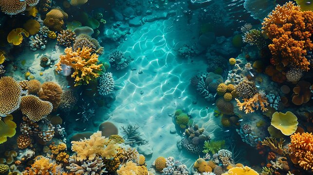 An aerial view of vibrant coral formations and marine life in a shallow lagoon