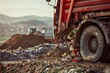 Close-up of a garbage truck dumping waste at a landfill site