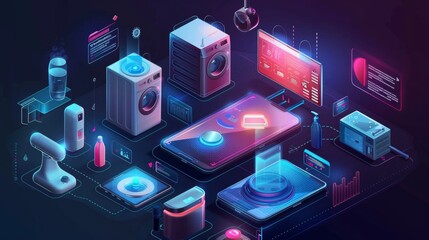 Aufkleber - It is a smart kitchen in which the smart phone manages all the kitchen appliances including dishwashers, refrigerators, washing machines, robot vacuum cleaners, smart televisions, etc. Vector.