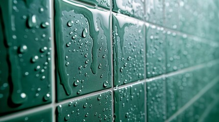 background with a green tiled wall with water droplets.	