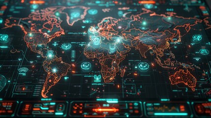 Poster - The radar screen and map of the world in a futuristic setting