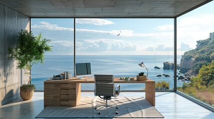 Poster - Create desk minimal style, big window, ocean view. Generative AI.