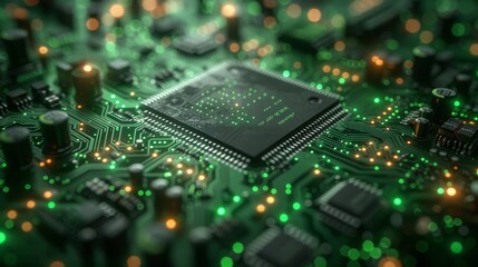 Poster - Background with dark-green-toned electronic boards and CPUs...