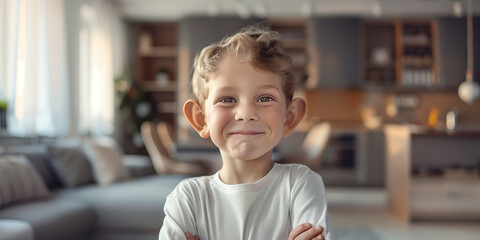 Cute young child with prominent protruding ears on a light background. Most commonly treated auricular deformity. Setback otoplasty banner.