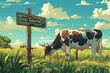 serene cartoon cow grazing in a sunlit pasture, its sign reading 