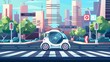 Smart car concept background scanning city road signs, objects and crosswalks. Modern illustration.