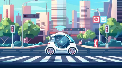 Aufkleber - Smart car concept background scanning city road signs, objects and crosswalks. Modern illustration.