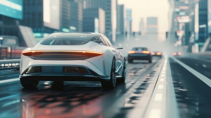 Leinwandbilder - Autonomous self-driving electric car overtakes city vehicle in 3D.