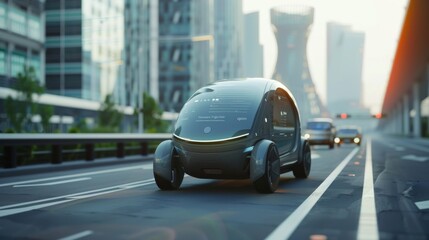 Poster - A self-driving electric car changes lanes and overtakes a city vehicle...