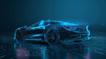 Fototapete - Futuristic car in style low poly, wireframe in line. Car service in the style of HUD, cars infographic user interface, analysis and diagnostics in the style of HUD, UI, GUI.