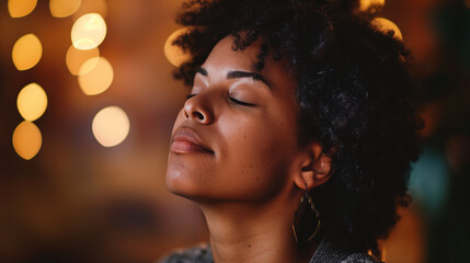 Wall Mural - A close-up shot of a woman singing, immersed in the melody