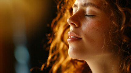 Wall Mural - A close-up shot of a woman singing, immersed in the melody