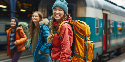 Wall Mural - Cheerful young female friends ready to go hiking together. Adventurous young people with backpacks waiting for a train on railway station. Hiking and trekking on a nature trail.