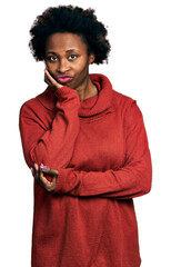 Canvas Print - African american woman with afro hair wearing turtleneck sweater thinking looking tired and bored with depression problems with crossed arms.