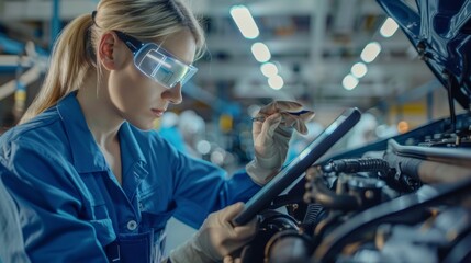 Canvas Print - Female mechanic inspects a car's V6 engine with an Augmented Reality Diagnostics software on a tablet computer. Premium car service.