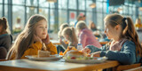Fototapeta Koty - Two cute ten years old girls sitting at the table in school cafeteria. Young students having food during lunch break in dining hall.