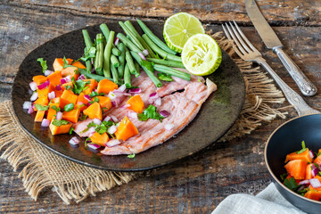 Sticker - Pan fried gammon with papaya salsa and green beans