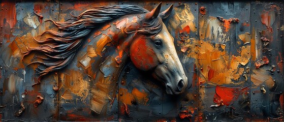 Wall Mural - Abstract, metal elements, textured background, animals, horses...........