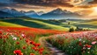 meadow with red poppy flowers and road