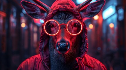 Sticker -   A tight shot of a dog donning a red hoodie and goggles with integrated red light glasses covering its eyes