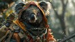   A tight shot of an individual in a bear costume, wielding a rifle, and donning a hat embellished with a bear design
