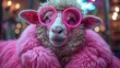  its head adorned with a pink light, chest swathed in a pink fur coat