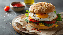 Tasty, Delicious Burger With Egg, Cutlet, Salad, Tomato, Sauce, Onion, Mayonnaise On A Plate On A Table In A Cafe.