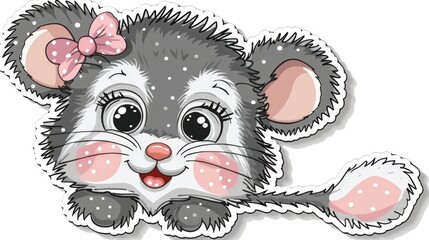   A sticker of a mouse with a bow on its head, featuring a pink bow