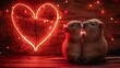   A pair of tiny mice seated together in front of a heart-shaped neon sign on the wall