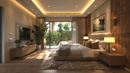 Wall Mural -   A spacious bedroom features a large bed adjacent to a sliding glass door The door opens to a patio, revealing a solitary palm tree beyond