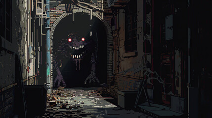 A pixelated monster lurking in a dark alleyway