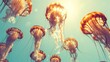  A collection of jellyfish suspended in the sky, sunlight filtering through overlying clouds