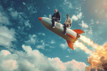 Wall Mural - Business people fly high with a rocket. concept of success and startup. Generative AI